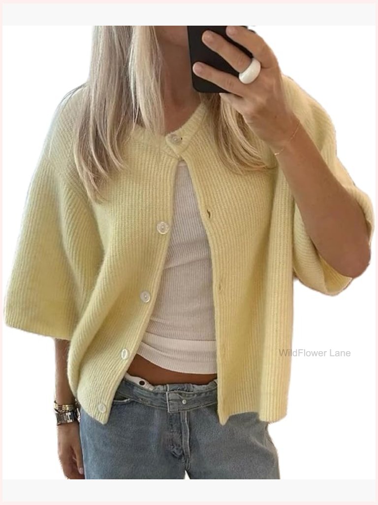 Knitted Cropped Blouse Short Sleeve Button Down Knit Crop Cardigan Open Front